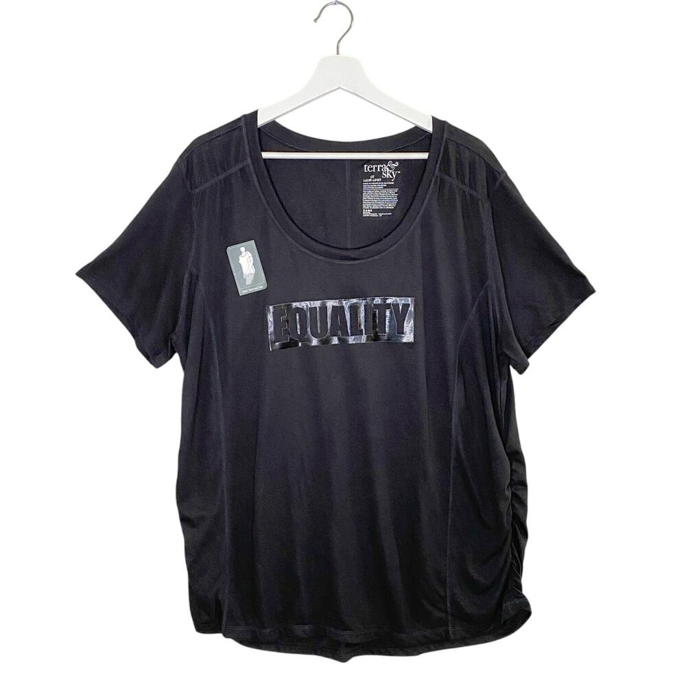 terra & Sky‎ Tunic Top Womens 1X Black "EQUALITY" SHIRRED T' Shirt NEW